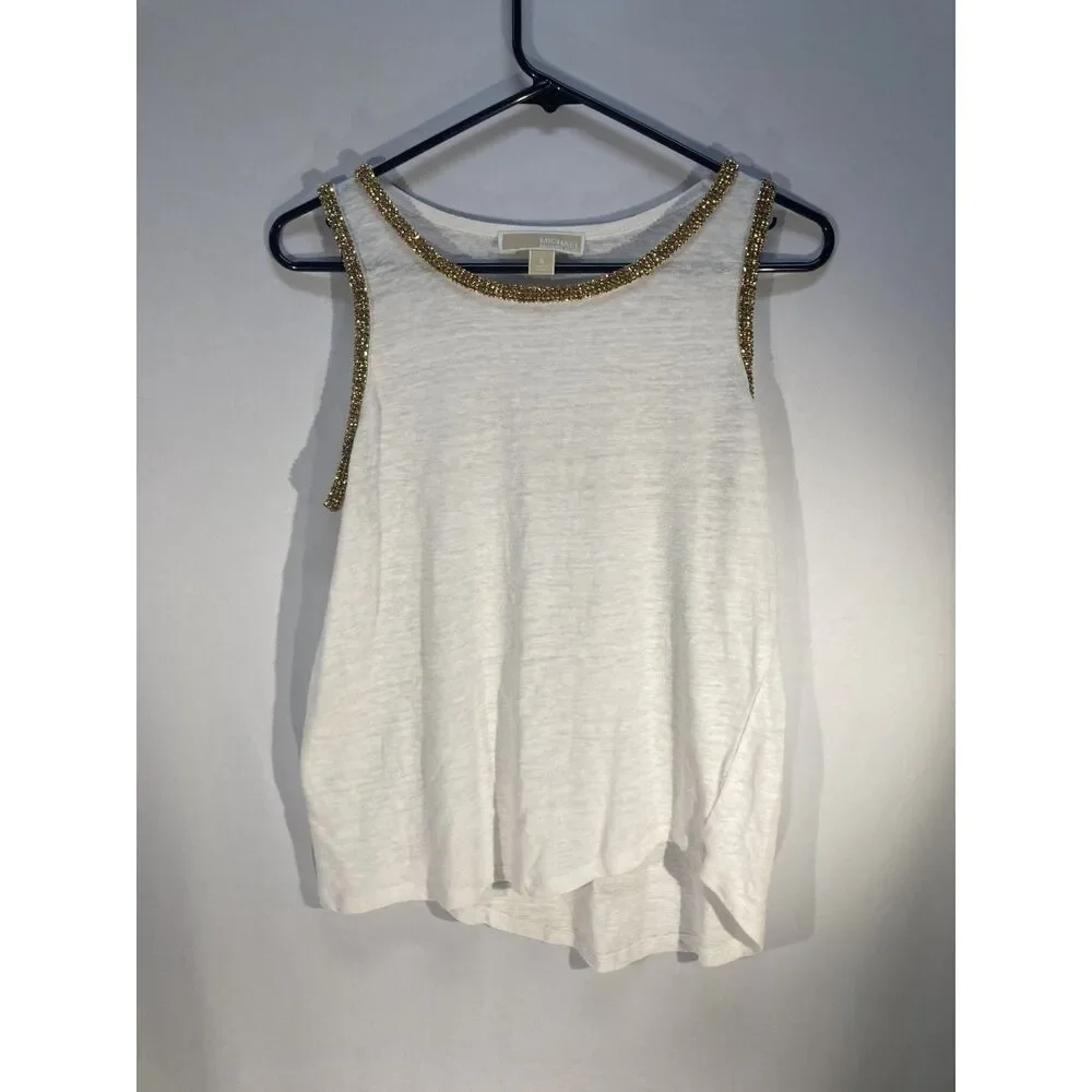 MICHAEL Michael Kors White Linen Blend Embellished Chain Trim Tank Small